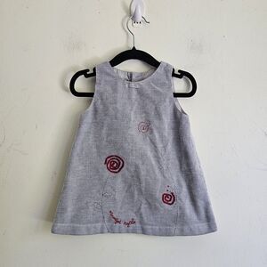 Alphabet Vintage Gray Striped Dress Size 12M Embroidered Flowers Back Button